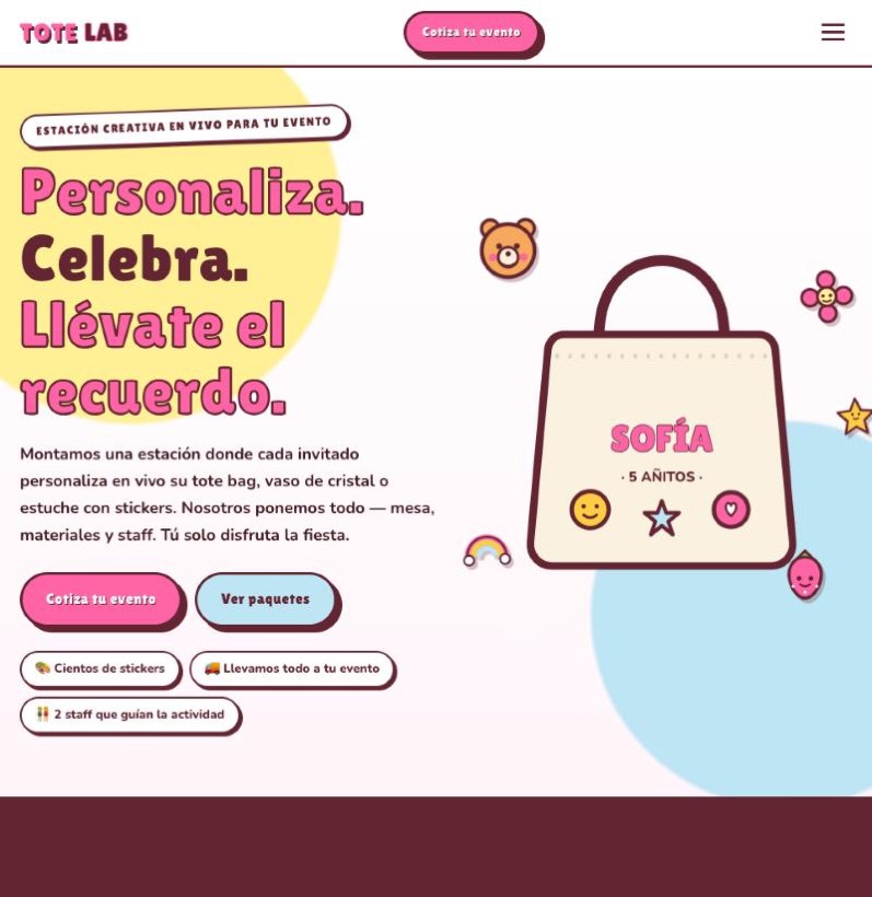Sitio web de Tote Lab, estación creativa para eventos